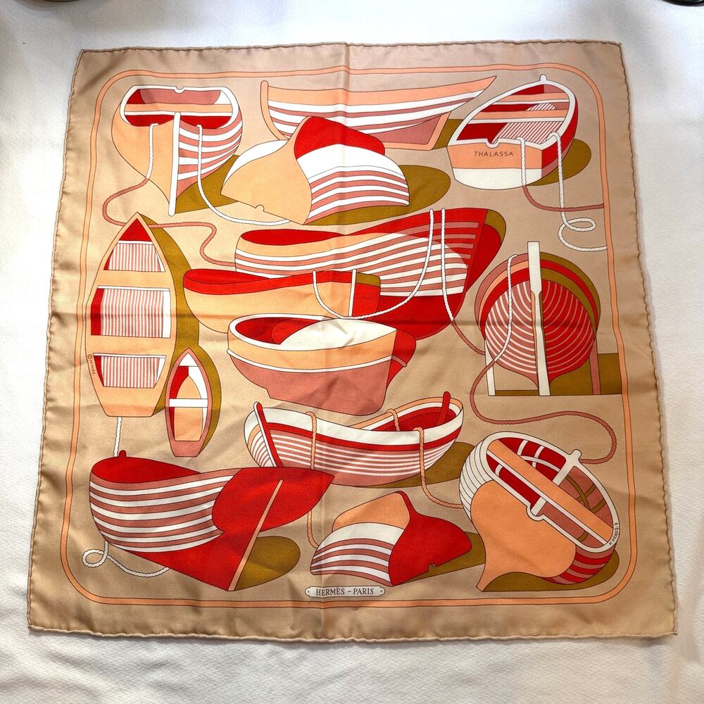 Hermes Paris "Thalassa" 100% Silk Vintage Rolled Edge Pocket Square  Circa 1973
